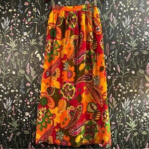 Vintage 60s 70s Orange Paisley Maxi Skirt with Pink and Green Accents